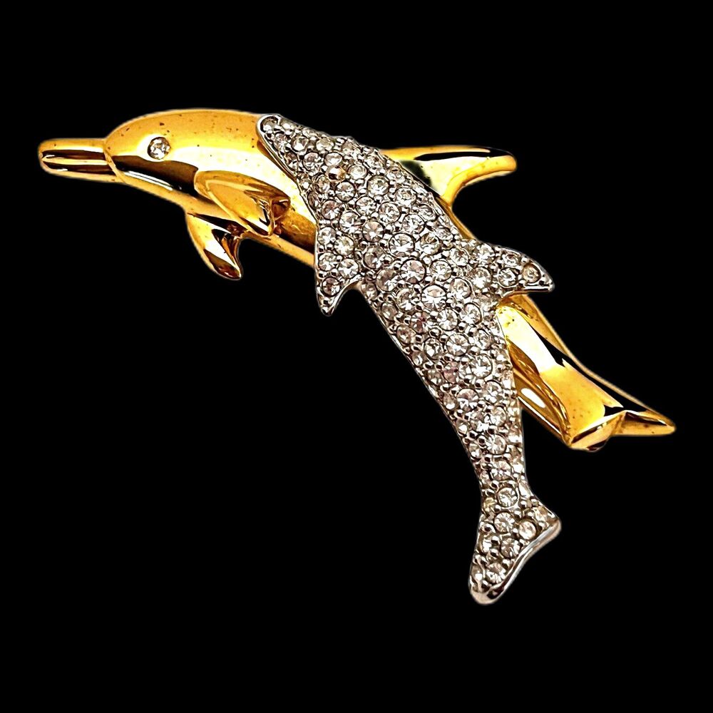 Vintage 1980s Swarovski Dolphin Brooch Gold Tone Pave Crystal Pin - 11Y